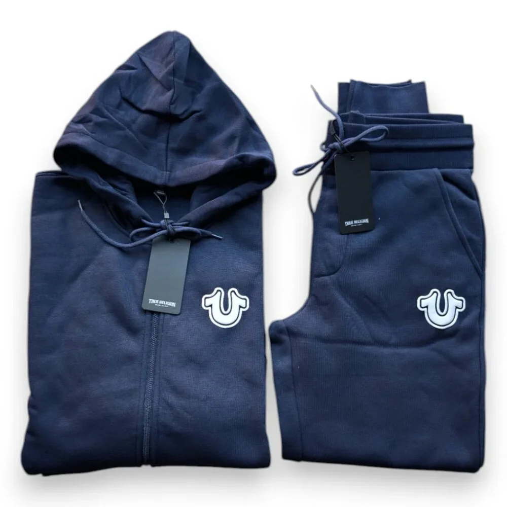 True Religion 2 PC Sweatsuit Men's Fleece Tracksuit Outfit Gift Set Navy Blue - Picture 12 of 16